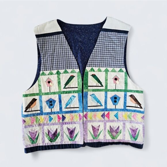 Vintage Hand Made Quilted Kitsch Floral Bird Watcher Birdhouse Vest Waistcoat L - Picture 1 of 9